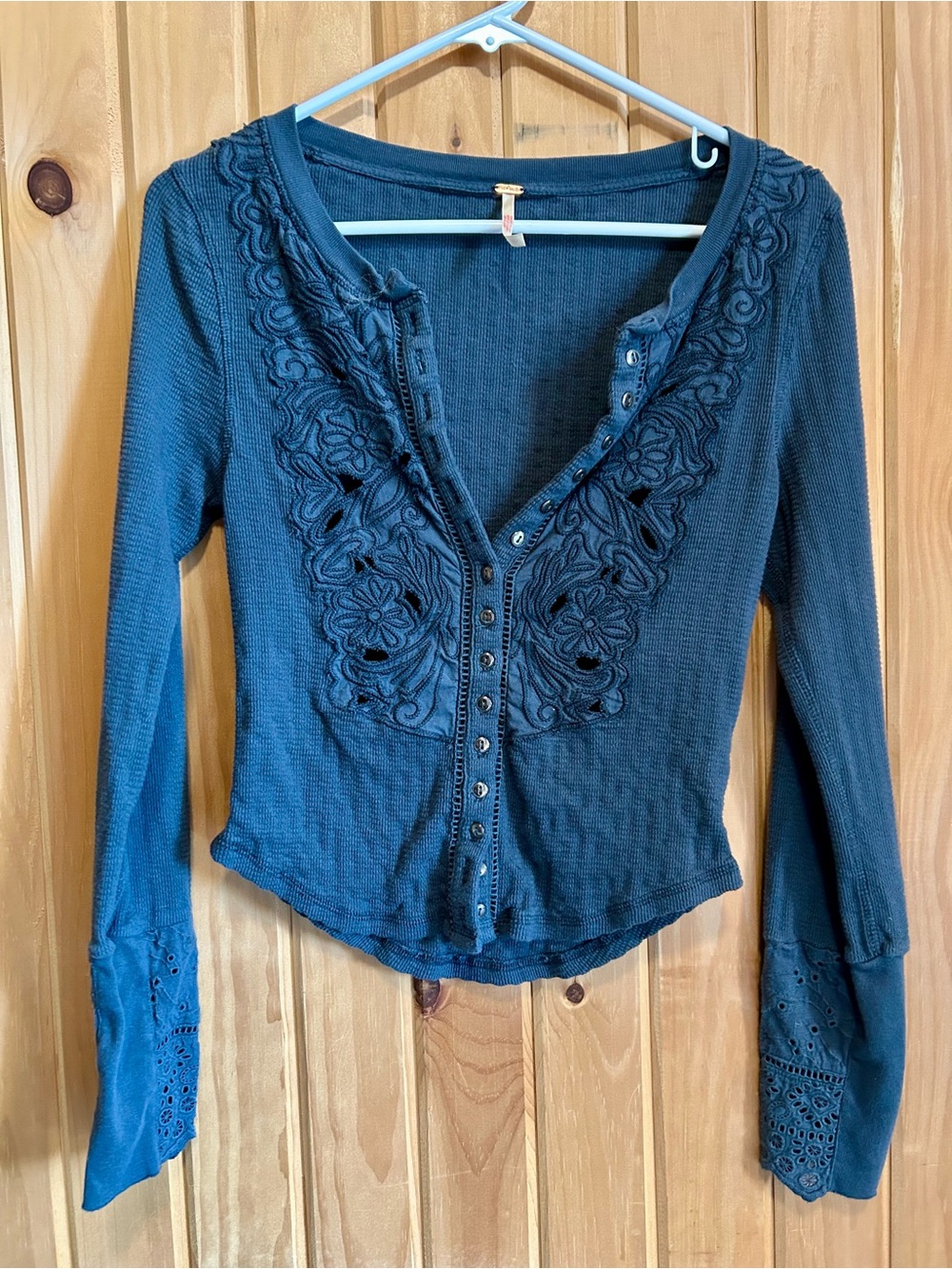 Womens Long-Sleeve Embroidered Button-Front Top - Picture 1 of 7